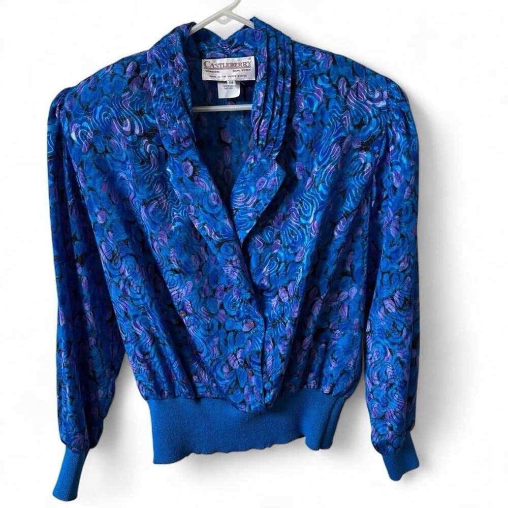 Vintage Castleberry Blue Purple Button Front Knit Collar Silky Blouse Top 18